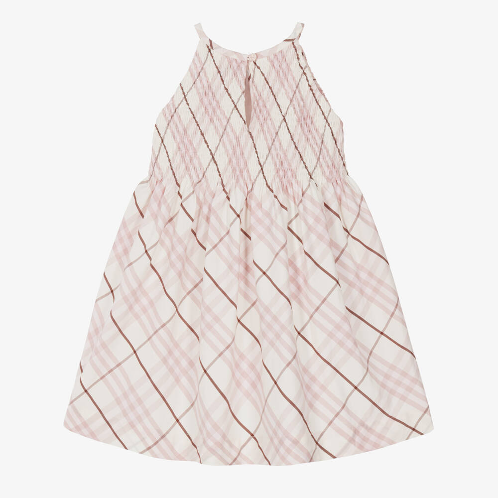 Burberry-Girls Pink Check Shirred Cotton Dress | Childrensalon