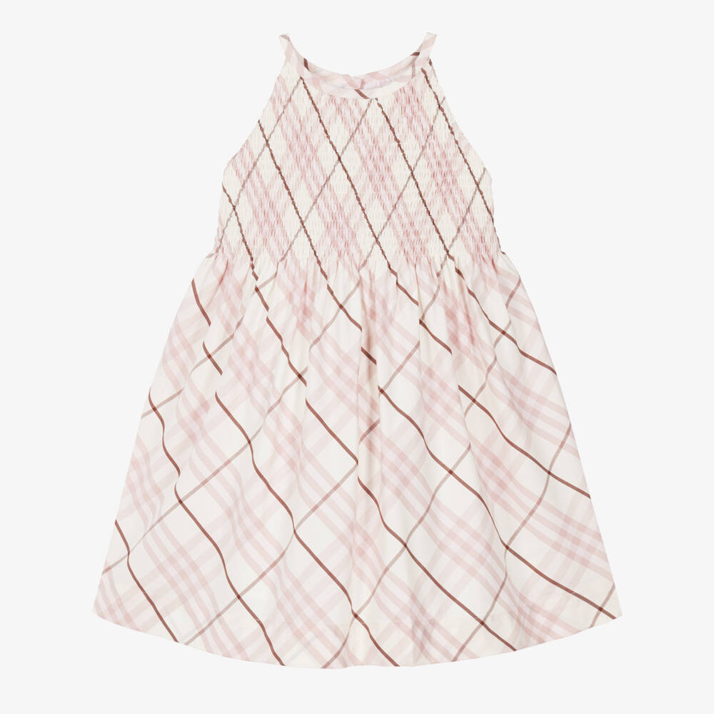 Burberry-Girls Pink Check Shirred Cotton Dress | Childrensalon