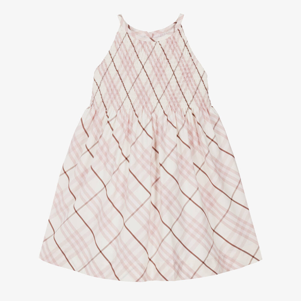 Burberry-Girls Pink Check Shirred Cotton Dress | Childrensalon