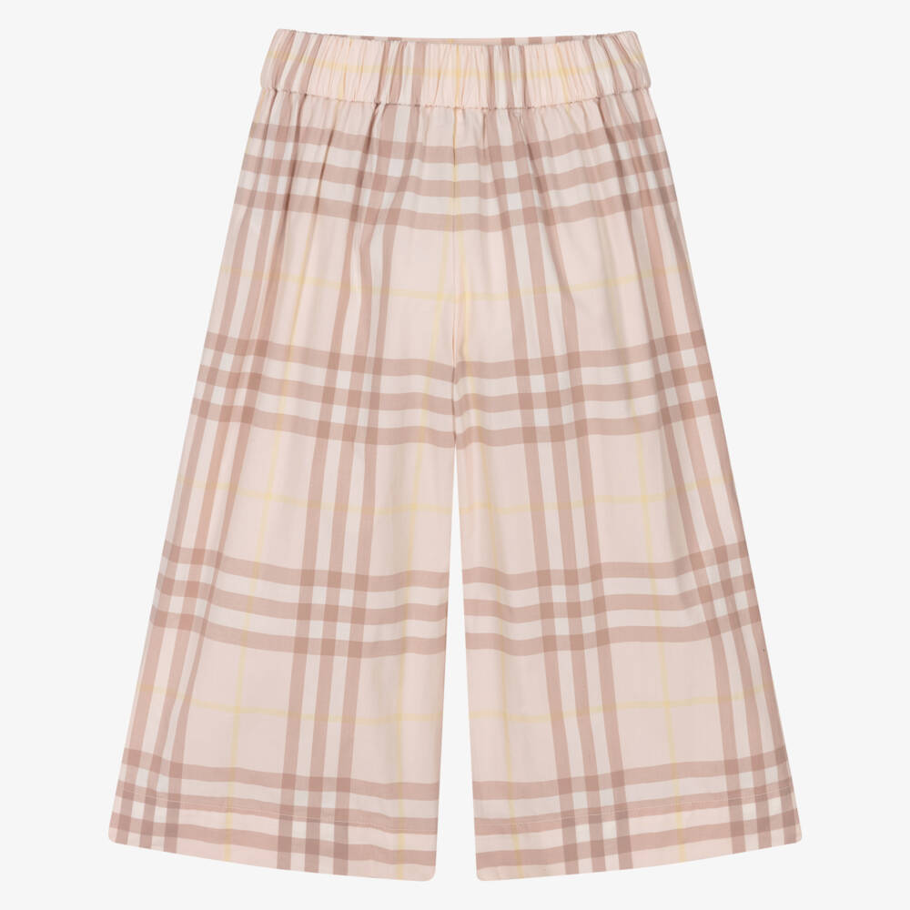 Burberry-Girls Pink Check Wide Leg Cotton Trousers | Childrensalon