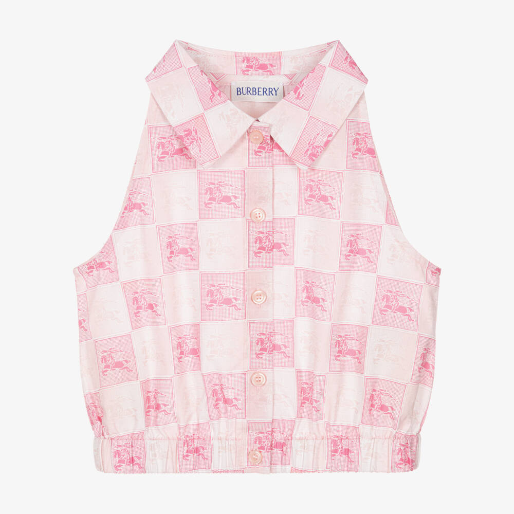 Burberry-Girls Pink Cotton EKD Checkerboard Sleeveless Blouse | Childrensalon