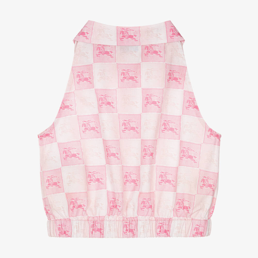 Burberry-Girls Pink Cotton EKD Checkerboard Sleeveless Blouse | Childrensalon