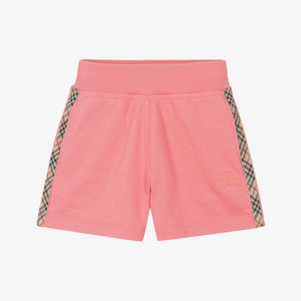 Burberry-Girls Pink Cotton Jersey Shorts with Beige Check Trim | Childrensalon