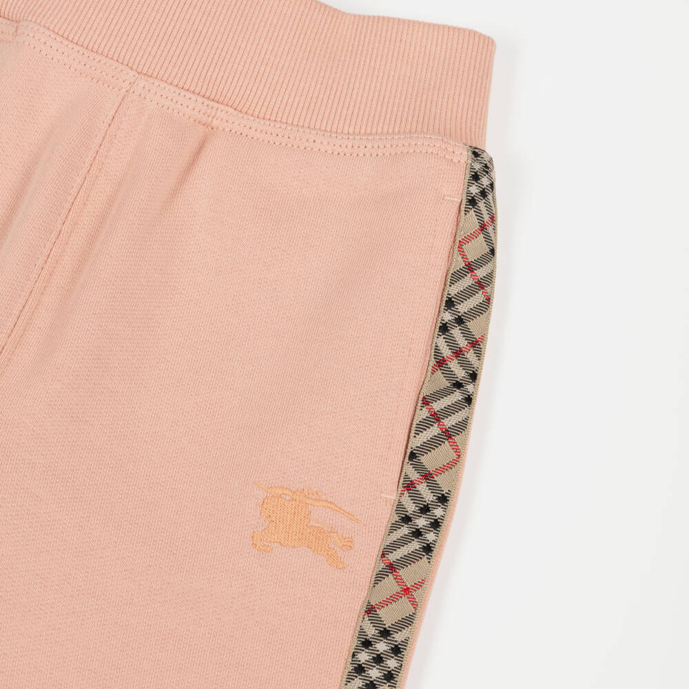 Burberry-Girls Pink Cotton Joggers with Check Trim & EKD Logo | Childrensalon