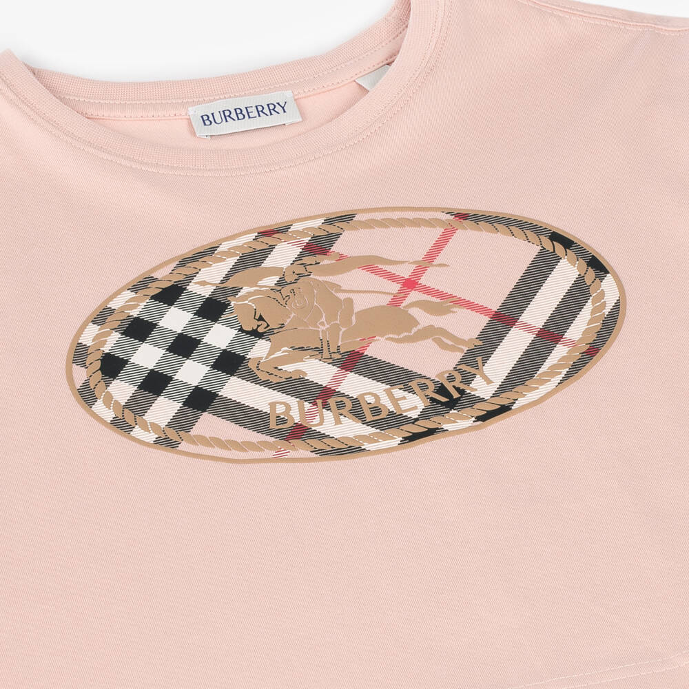 Burberry-Girls Pink Cotton T-Shirt with Check Knight Stamp | Childrensalon