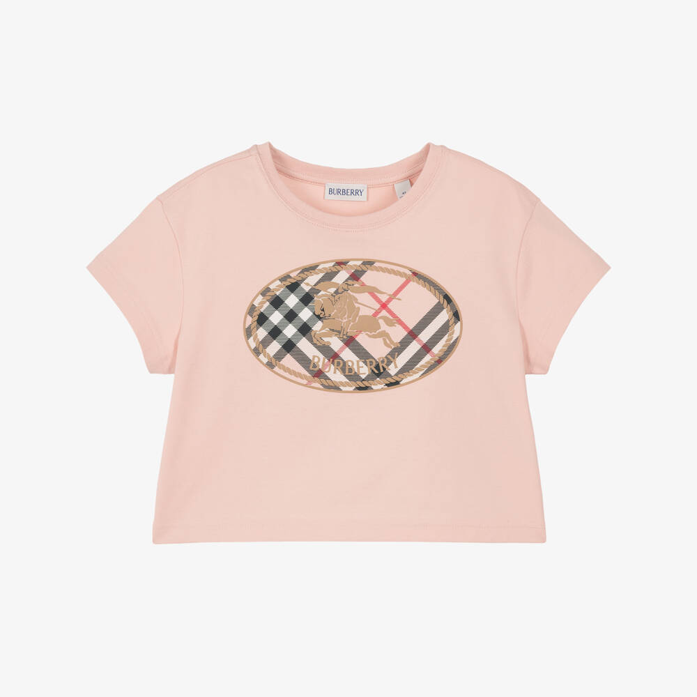 Burberry-Girls Pink Cotton T-Shirt with Check Knight Stamp | Childrensalon