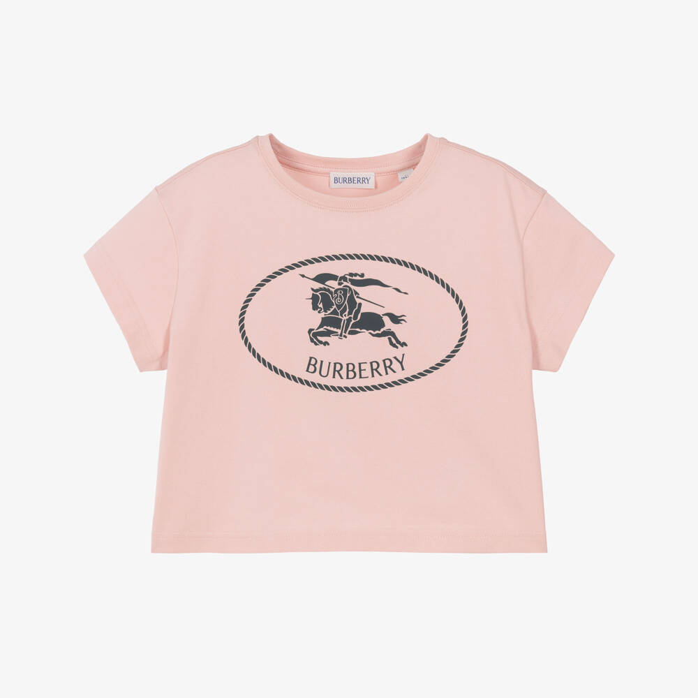 Burberry-Girls Pink Cotton T-Shirt with Knight Stamp | Childrensalon