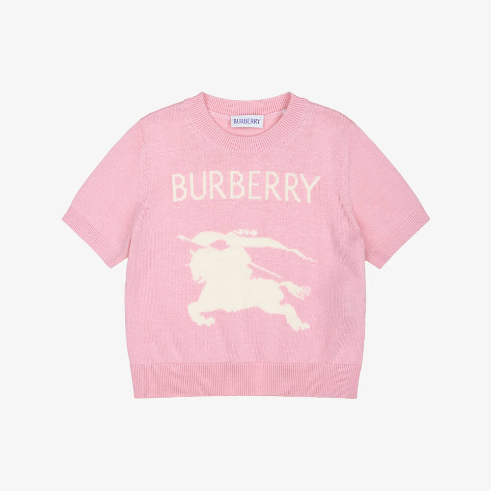 Burberry-Girls Pink Cotton & Wool EKD Short-Sleeve Sweater | Childrensalon