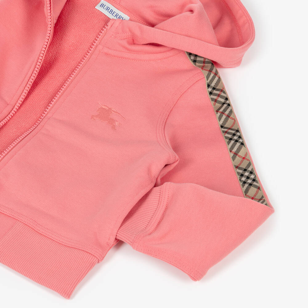 Burberry-Толстовка на молнии розовая хлопковая с бежевой клетчатой отделкой для девочек | Childrensalon