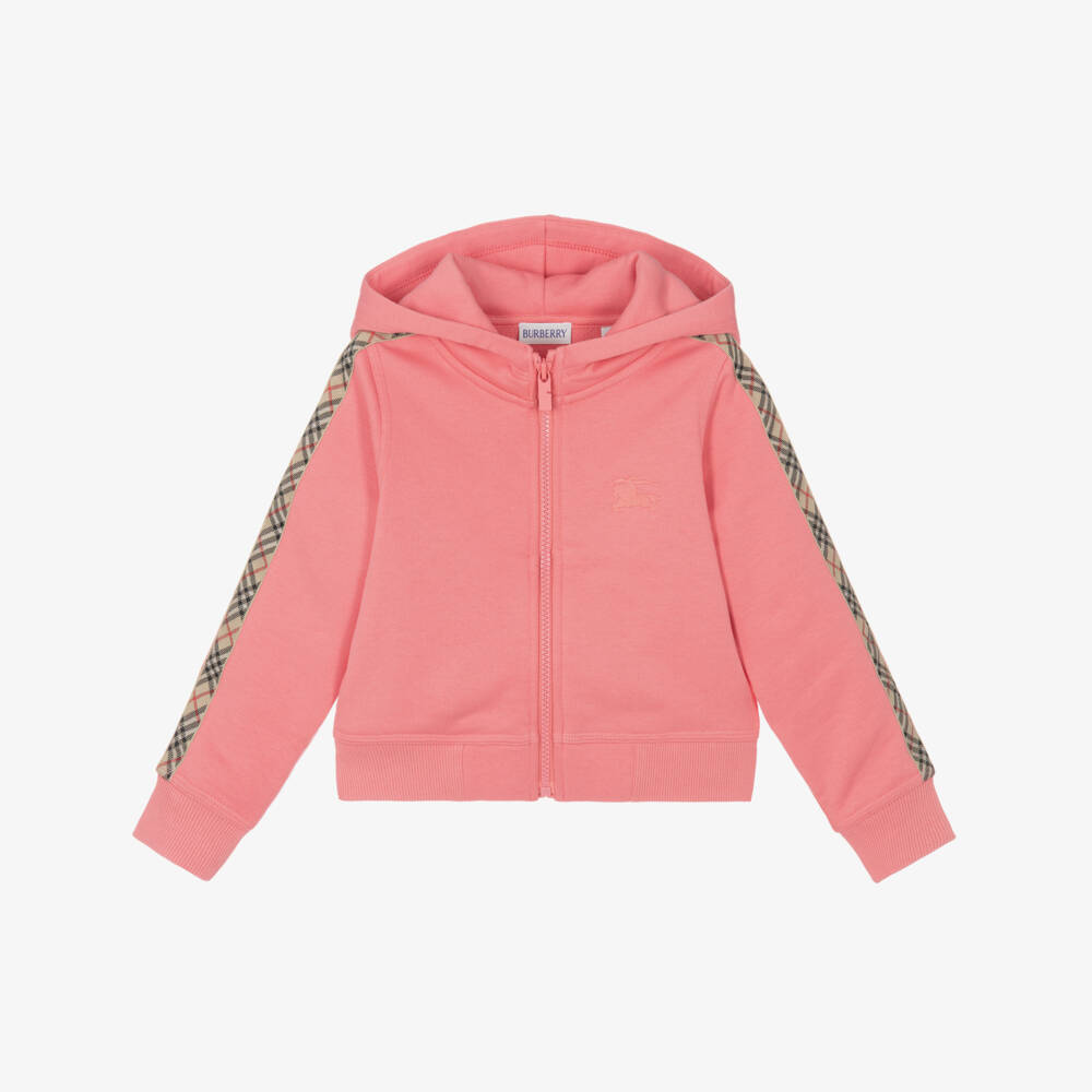Burberry-Girls Pink Cotton Zip-Up Hoodie with Beige Check Trim | Childrensalon