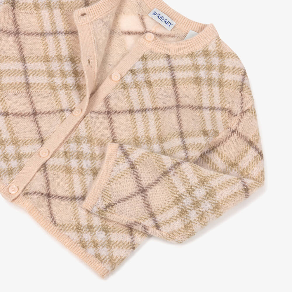 Burberry-Girls Pink & Gold Check Wool Knit Cardigan | Childrensalon