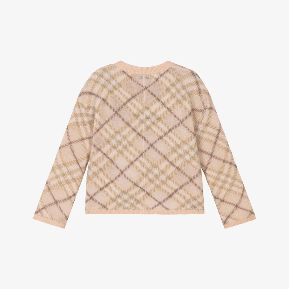 Burberry-Girls Pink & Gold Check Wool Knit Cardigan | Childrensalon