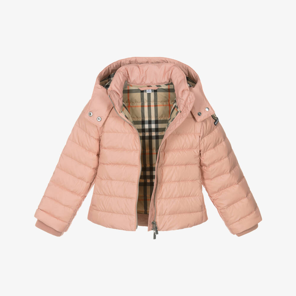 Burberry-Girls Pink Hooded Down Puffer Jacket | Childrensalon