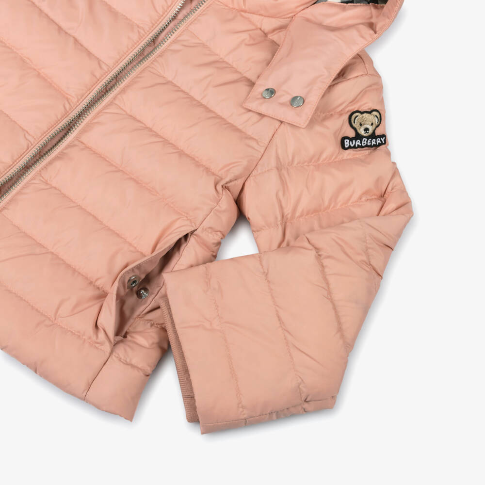 Burberry-Girls Pink Hooded Down Puffer Jacket | Childrensalon