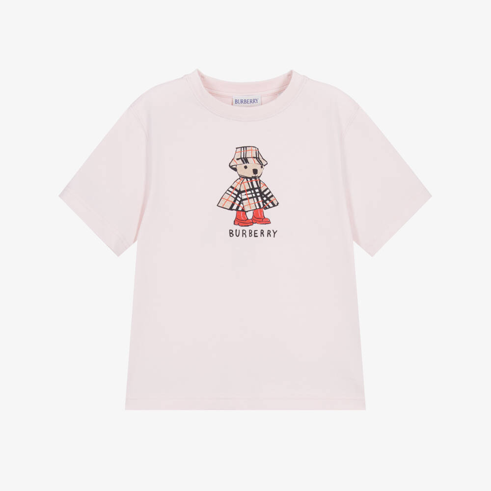 Burberry-Girls Pink Rainy Day Bear Cotton T-Shirt | Childrensalon