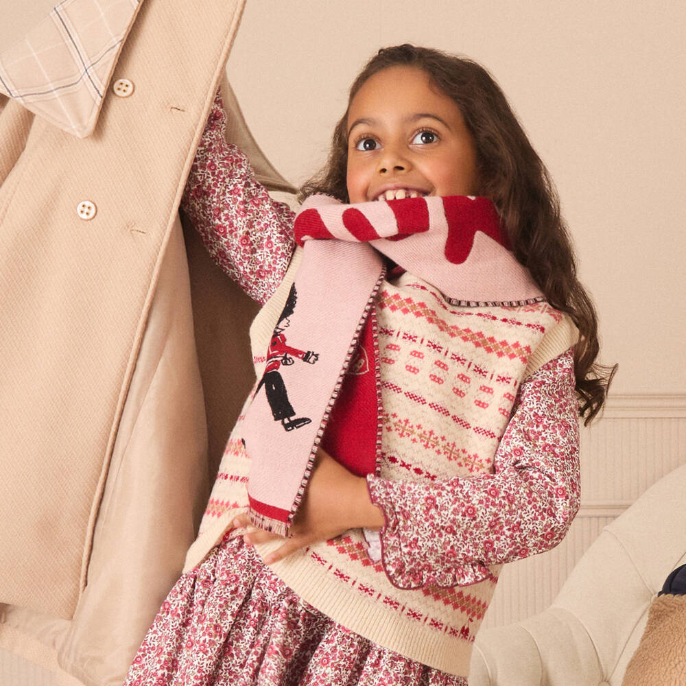 Burberry-Girls Pink & Red King's Guard Wool Scarf | Childrensalon