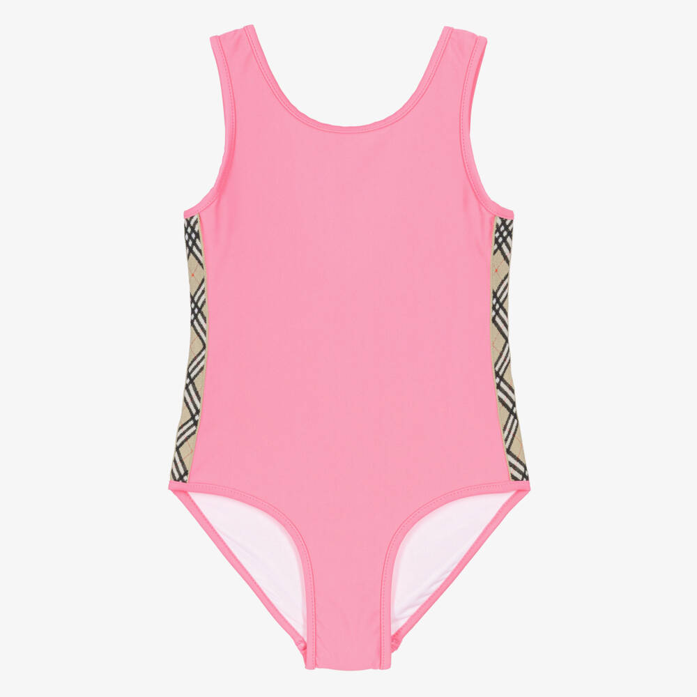 Burberry-Girls Pink Swimsuit with Burberry Check Trim | Childrensalon