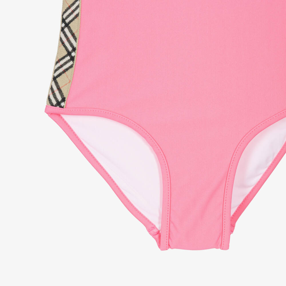 Burberry-Girls Pink Swimsuit with Burberry Check Trim | Childrensalon