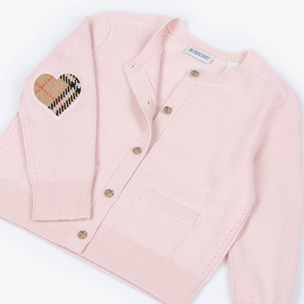 Burberry-Girls Pink Wool Cardigan with Check Buttons & Elbow Patches | Childrensalon