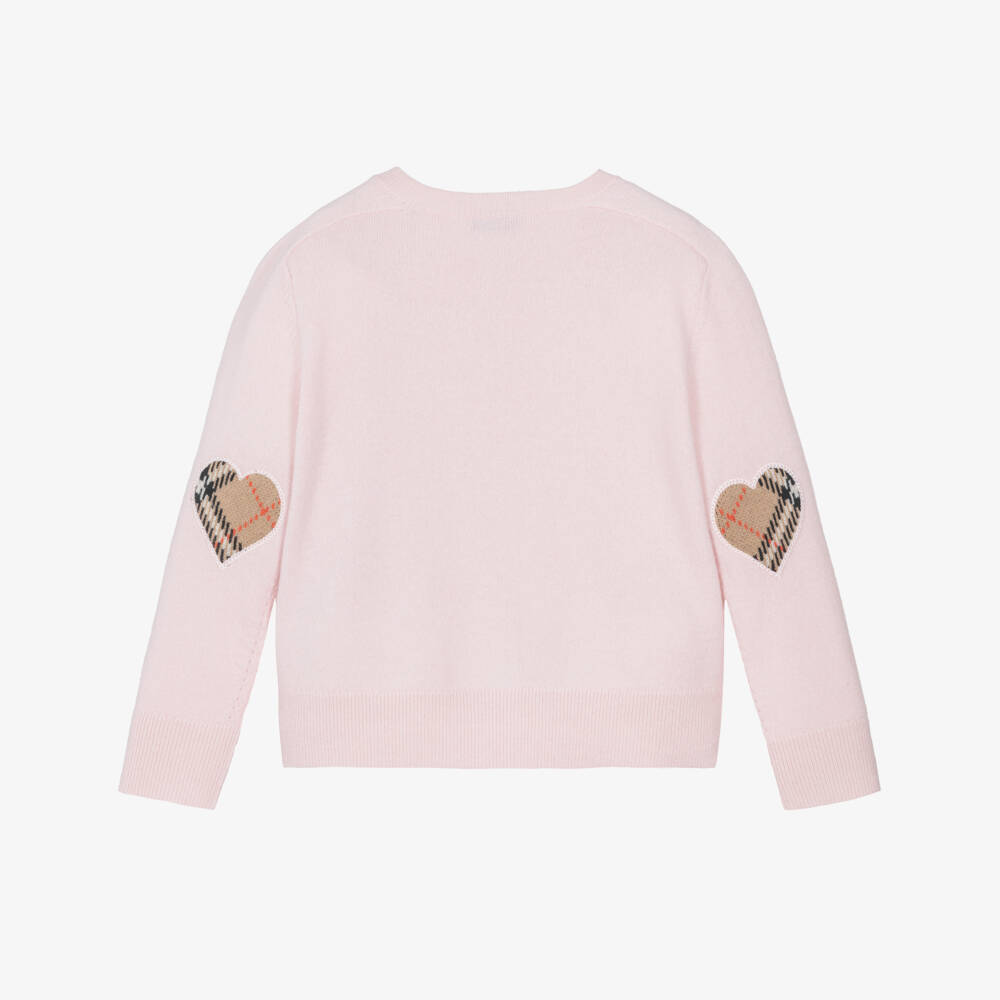 Burberry-Girls Pink Wool Cardigan with Check Buttons & Elbow Patches | Childrensalon