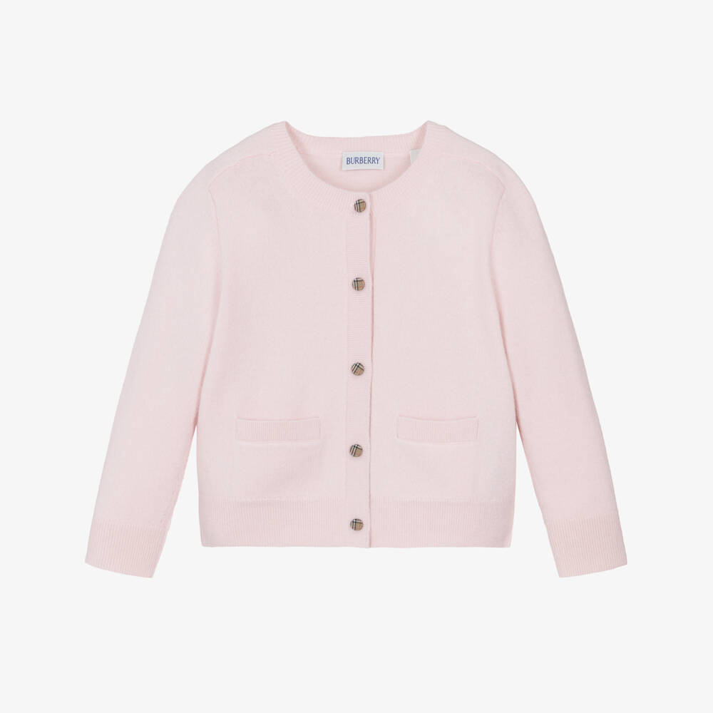 Burberry-Girls Pink Wool Cardigan with Check Buttons & Elbow Patches | Childrensalon