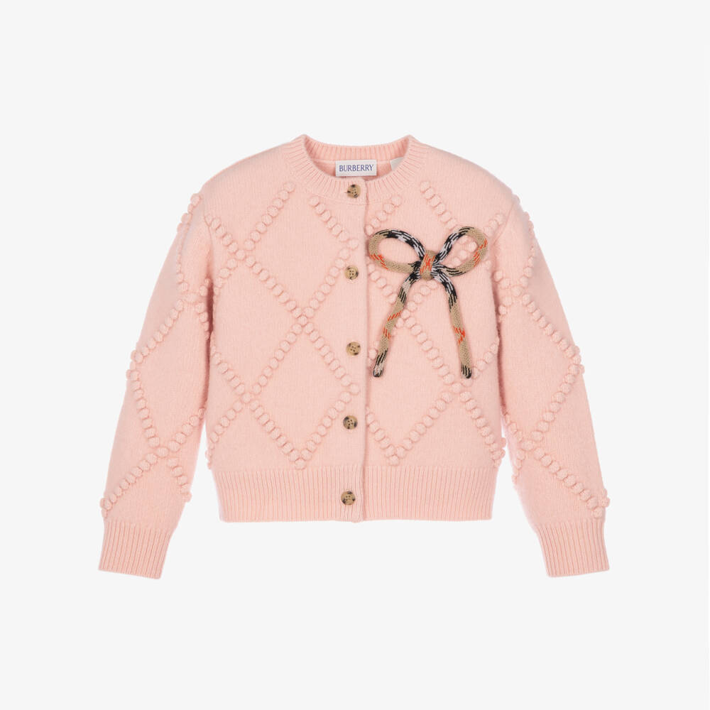 Burberry-Girls Pink Wool Knit Cardigan with Check Bow | Childrensalon
