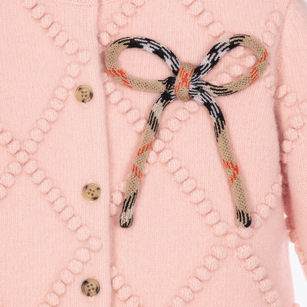 Burberry-Girls Pink Wool Knit Cardigan with Check Bow | Childrensalon