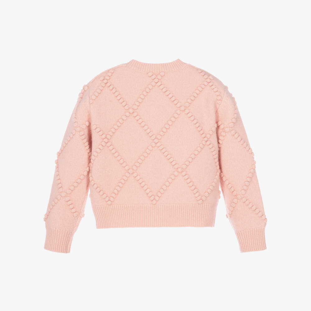 Burberry-Girls Pink Wool Knit Cardigan with Check Bow | Childrensalon