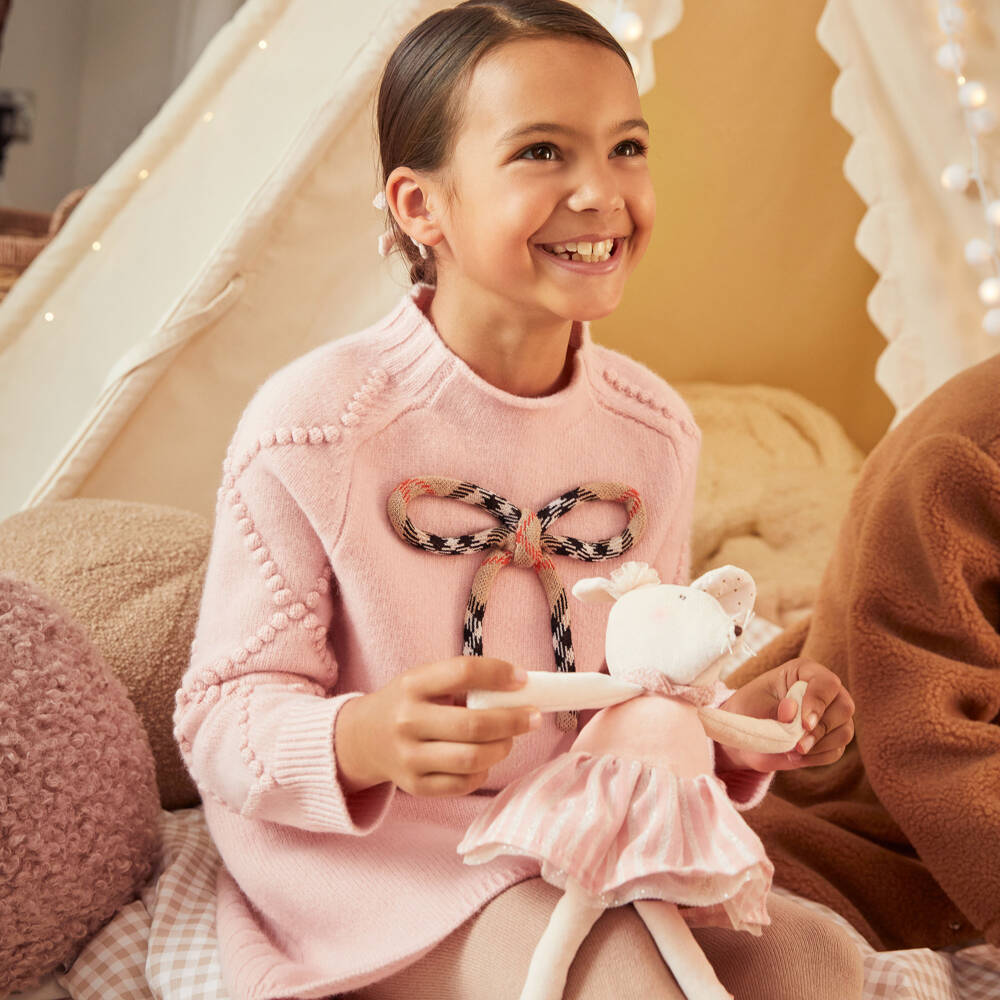 Burberry-Girls Pink Wool Knit Dress with Check Bow | Childrensalon