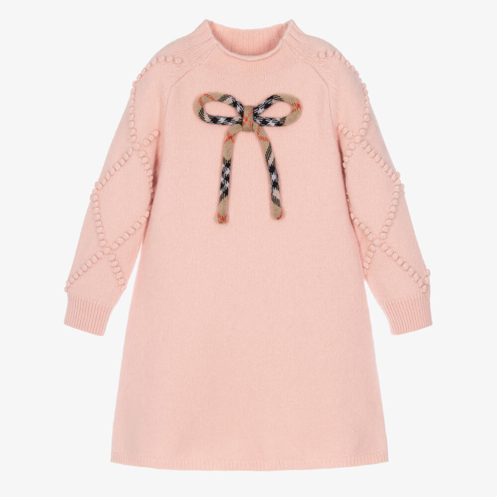 Burberry-Girls Pink Wool Knit Dress with Check Bow | Childrensalon