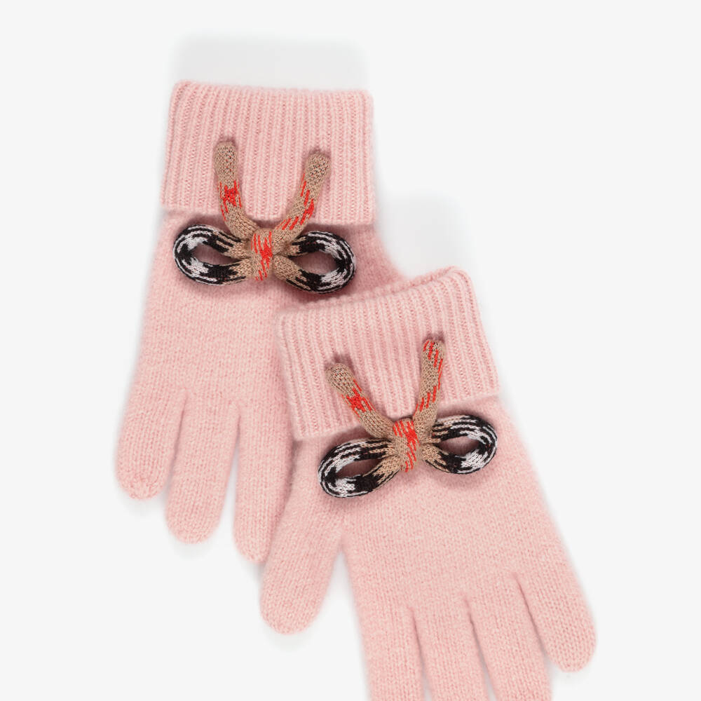 Burberry-Girls Pink Wool Knit Gloves with Check Bows | Childrensalon