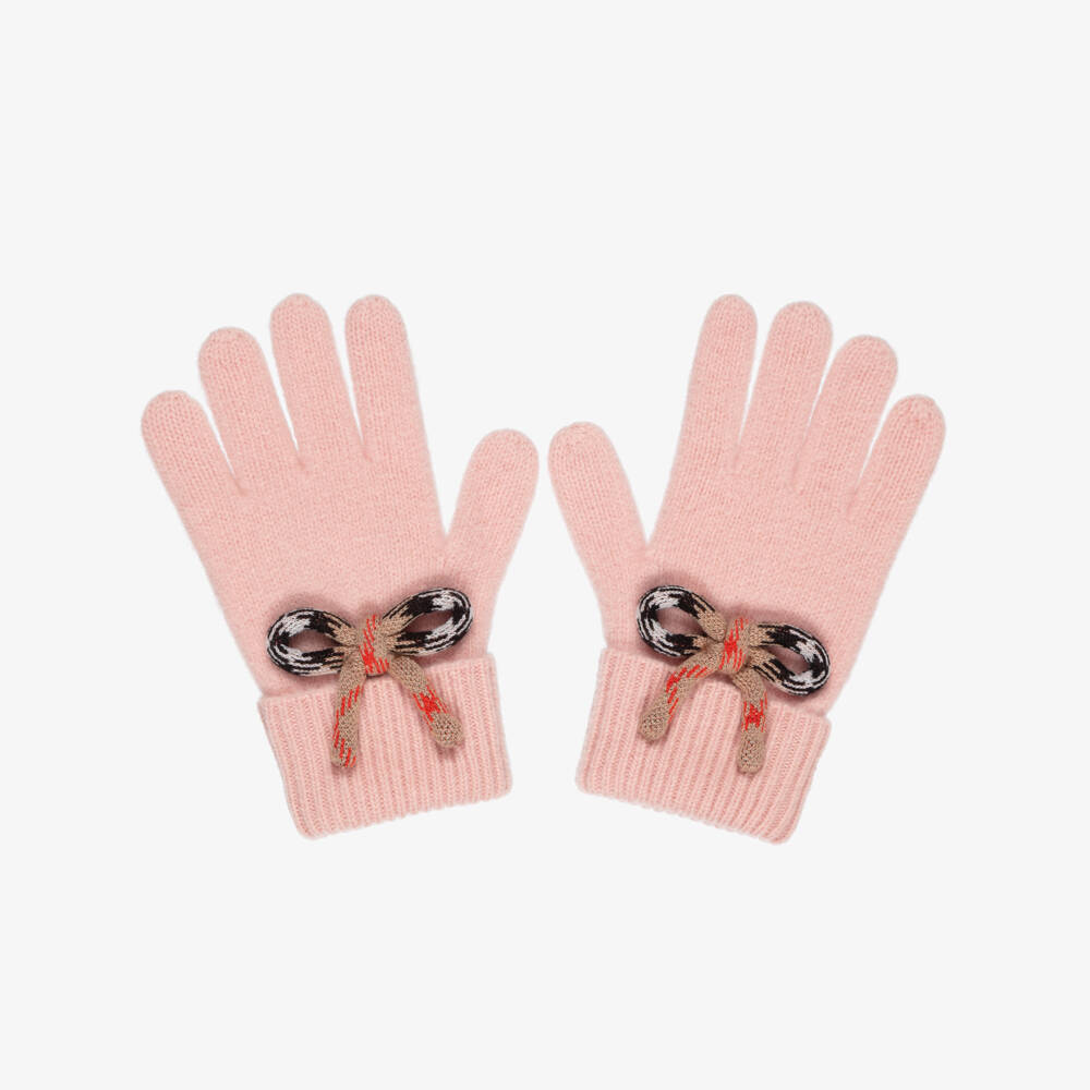 Burberry-Girls Pink Wool Knit Gloves with Check Bows | Childrensalon