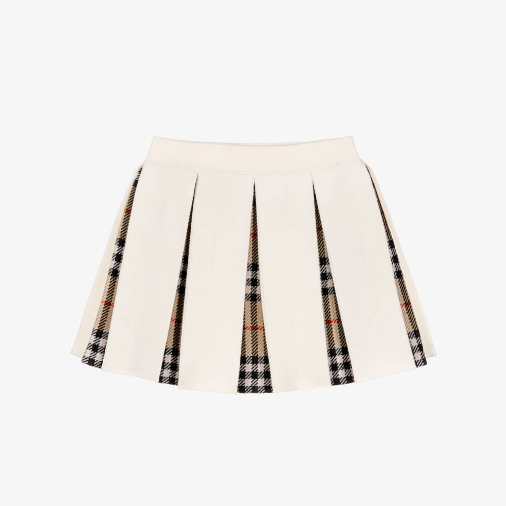 Burberry-Girls Pleated Ivory & Check Skirt | Childrensalon