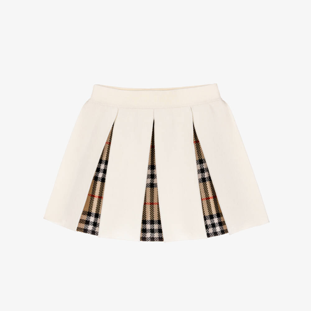 Burberry-Girls Pleated Ivory & Check Skirt | Childrensalon
