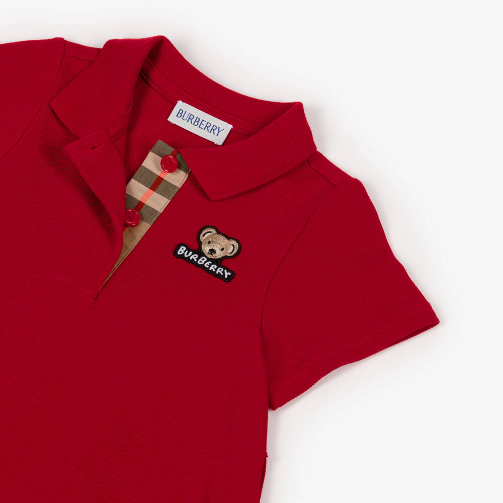 Burberry-Girls Red Belted Cotton Polo Dress | Childrensalon