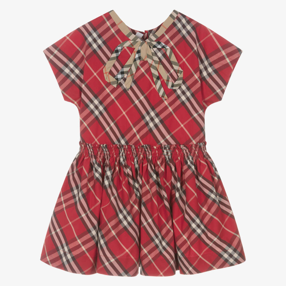 Burberry-Girls Red Check Cotton Dress | Childrensalon