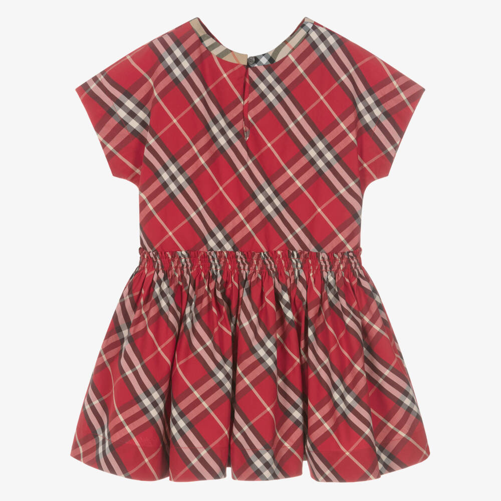 Burberry-Girls Red Check Cotton Dress | Childrensalon