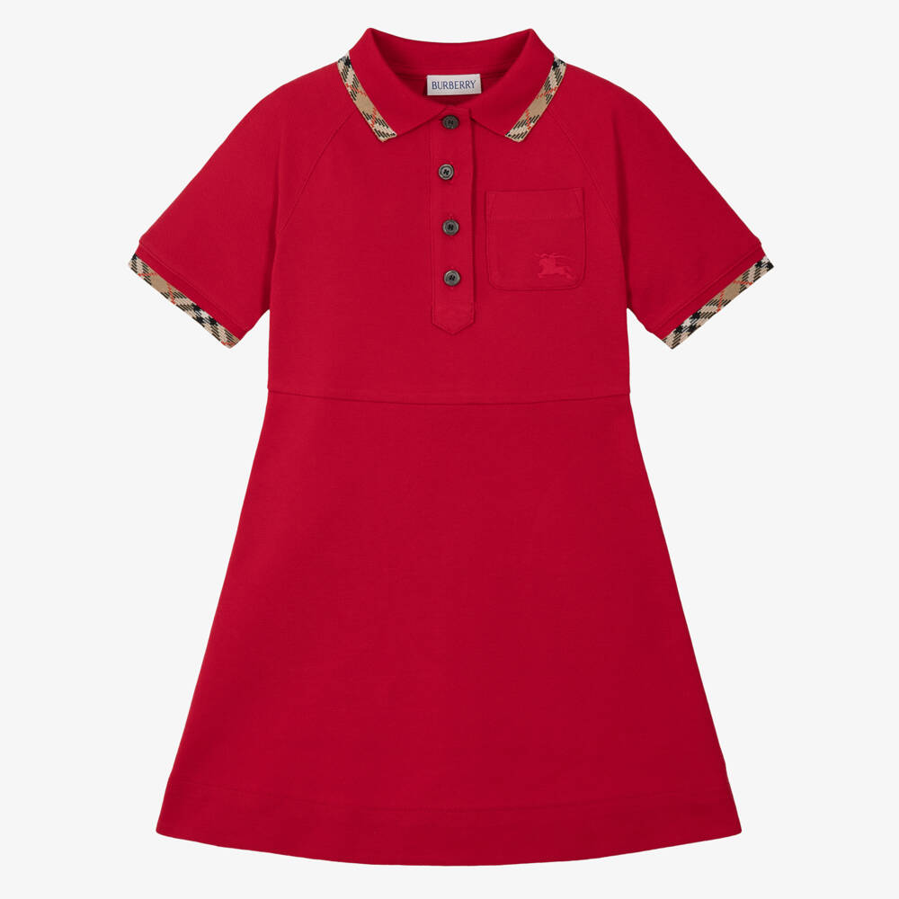 Burberry-Girls Red Cotton Piqué Polo Dress | Childrensalon