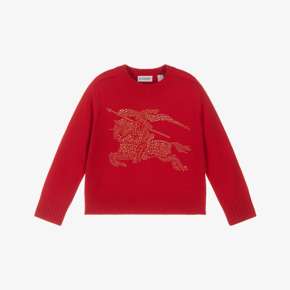 Burberry-Girls Red Knitted Wool Jumper with Crystal EKD Logo | Childrensalon