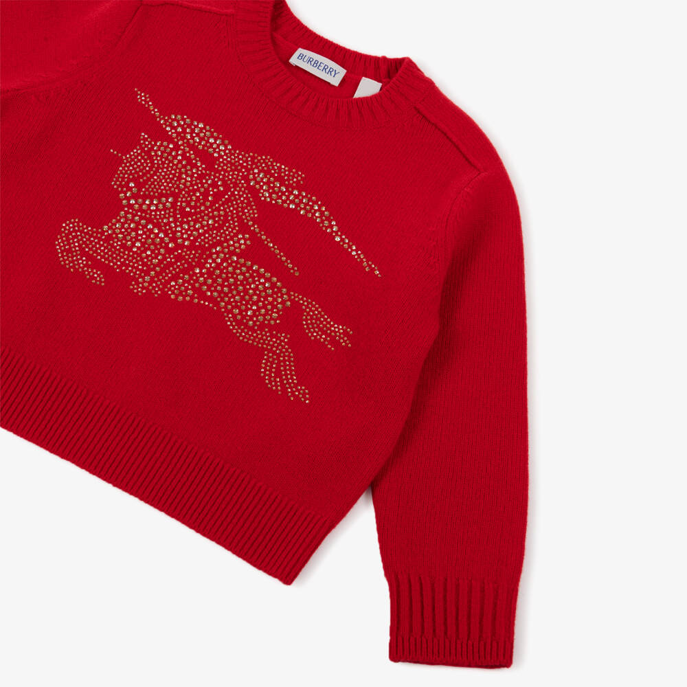 Burberry-Girls Red Knitted Wool Jumper with Crystal EKD Logo | Childrensalon