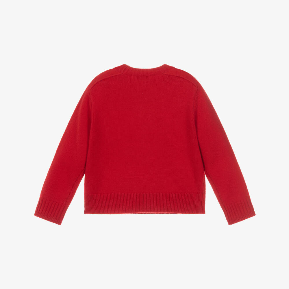 Burberry-Girls Red Knitted Wool Jumper with Crystal EKD Logo | Childrensalon