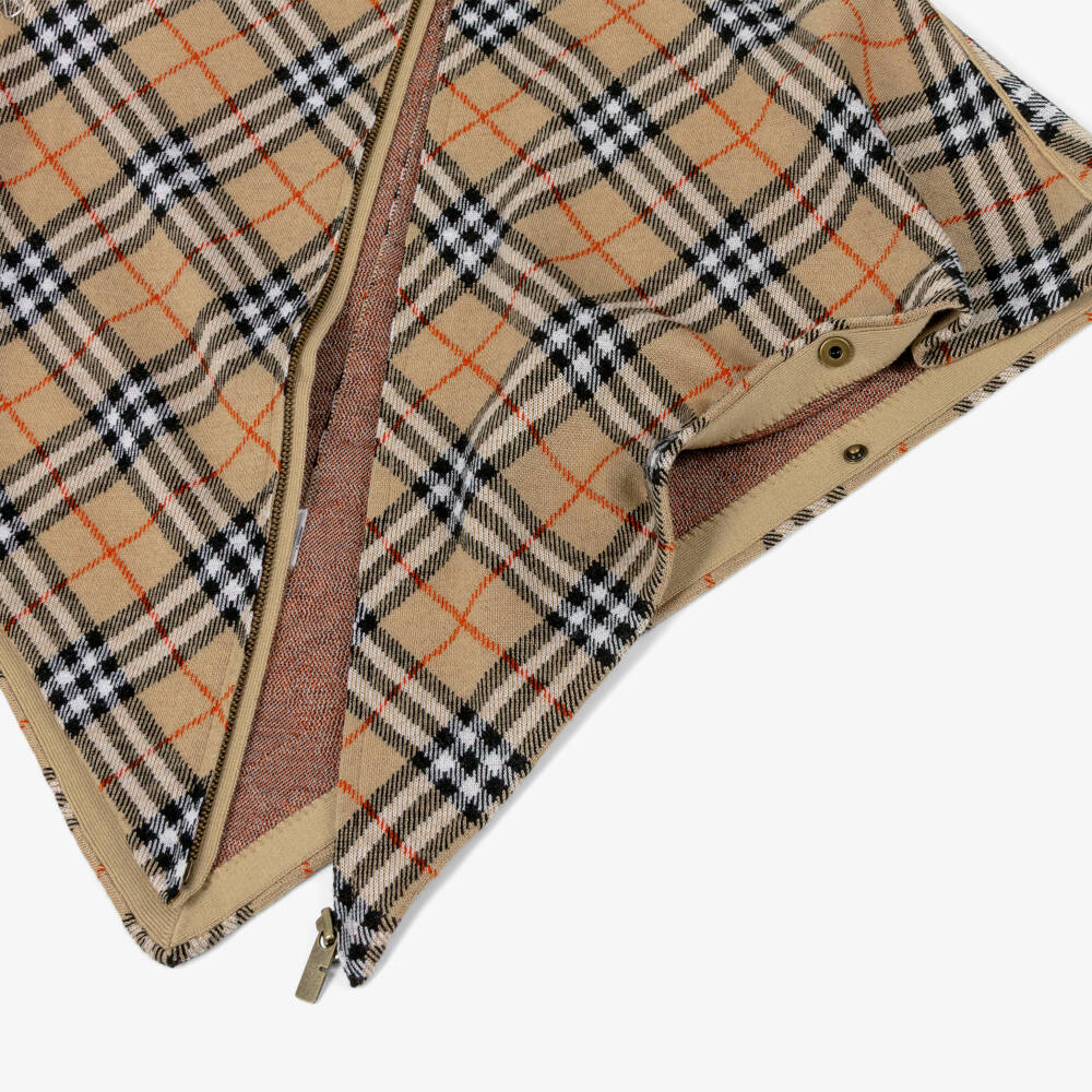 Burberry-Girls Sand Beige Checked Wool Cape | Childrensalon