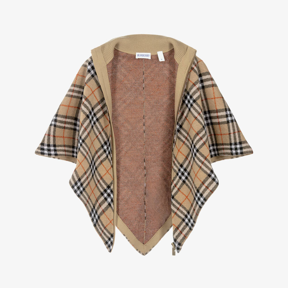 Burberry-Girls Sand Beige Checked Wool Cape | Childrensalon
