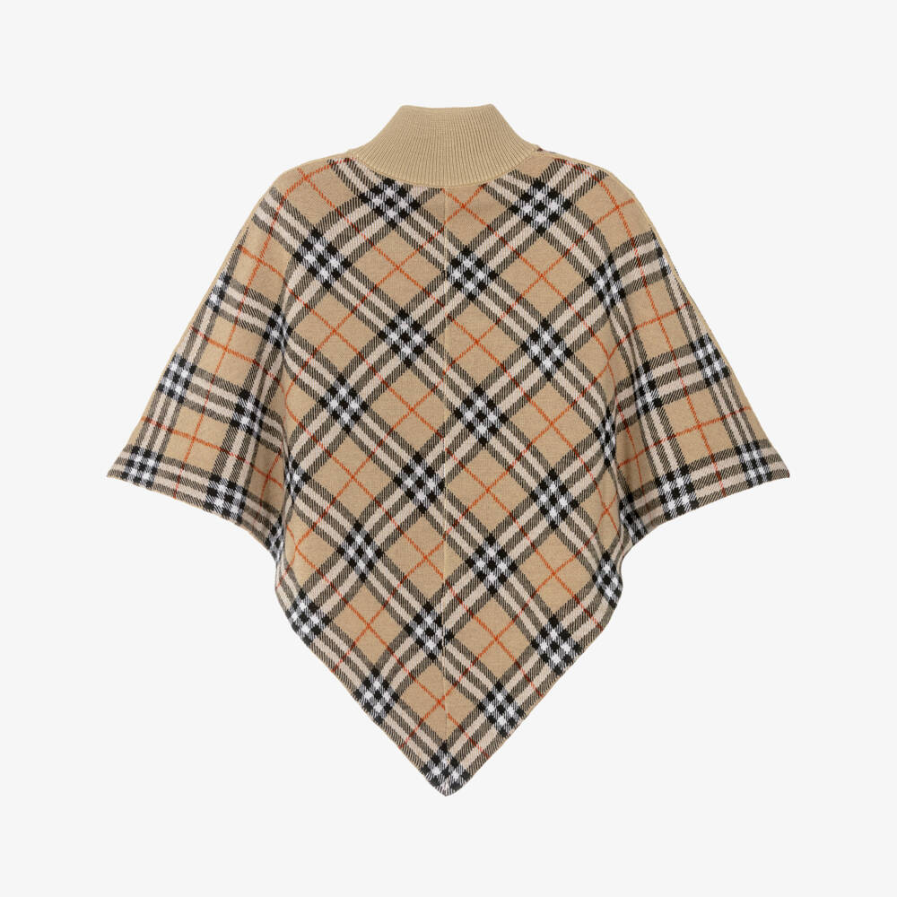 Burberry-Girls Sand Beige Checked Wool Cape | Childrensalon
