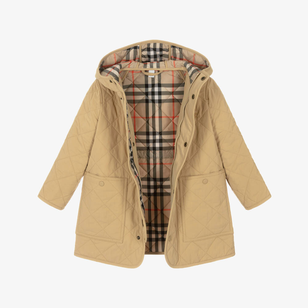 Burberry-Girls Sand Beige Quilted Hooded Coat with EKD Logo | Childrensalon