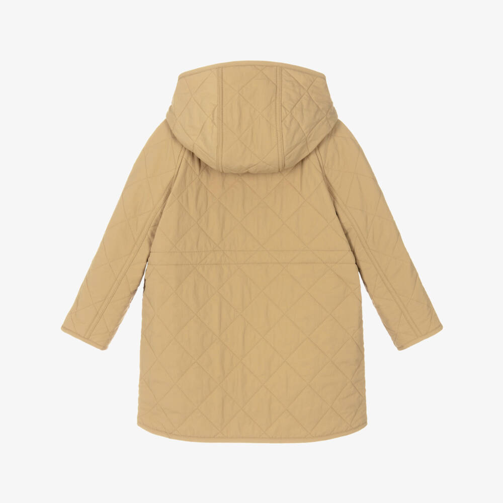 Burberry-Girls Sand Beige Quilted Hooded Coat with EKD Logo | Childrensalon