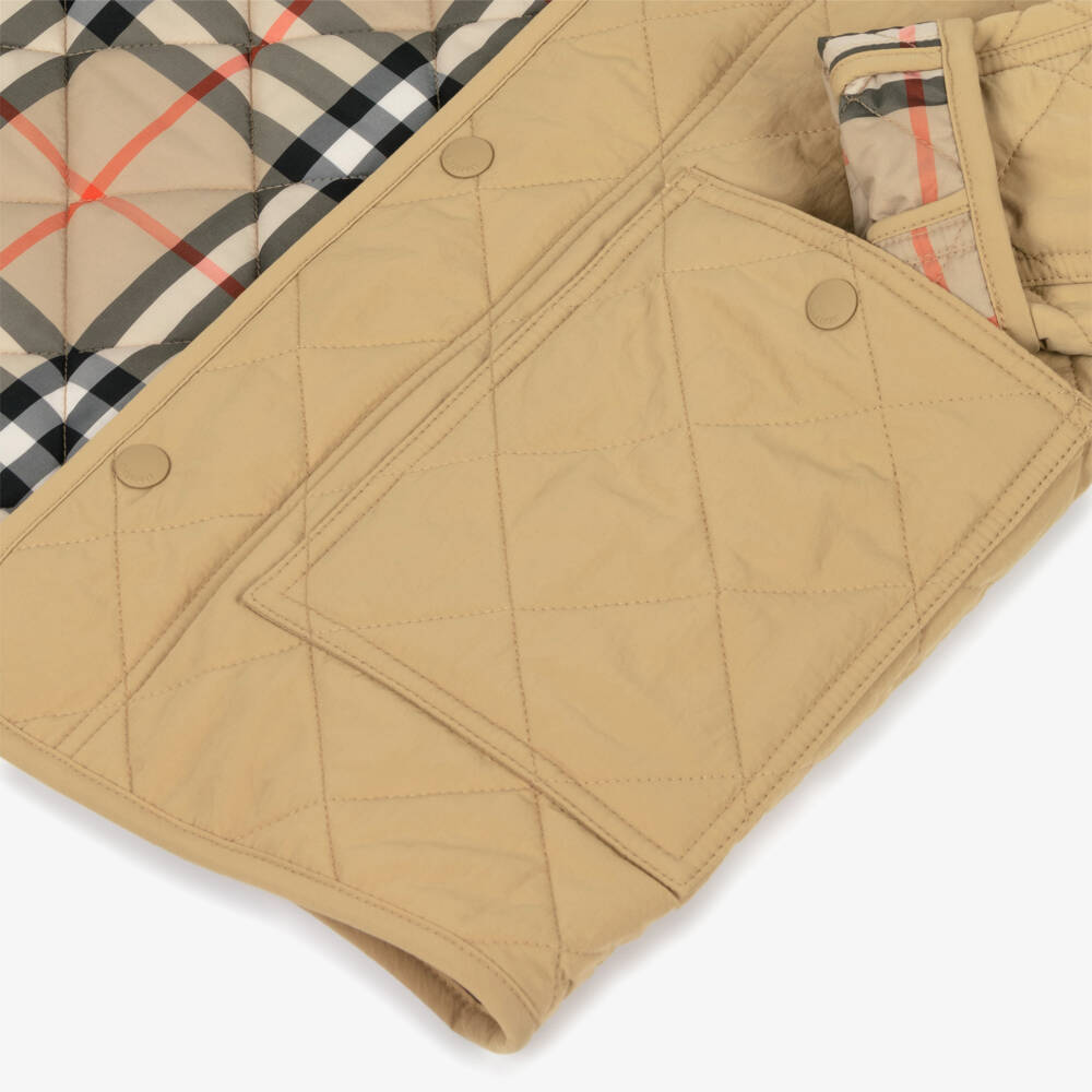 Burberry-Girls Sand Beige Quilted Hooded Coat with EKD Logo | Childrensalon