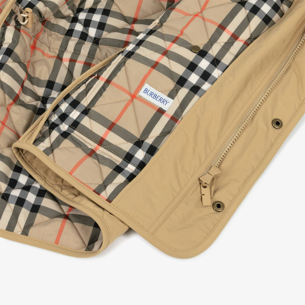 Burberry-Girls Sand Beige Quilted Hooded Coat with EKD Logo | Childrensalon