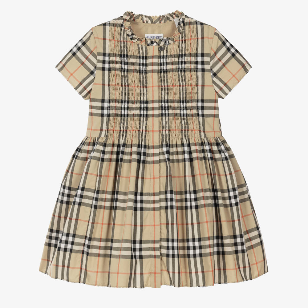 Burberry-Girls Shirred Beige Check Cotton Shirt Dress | Childrensalon
