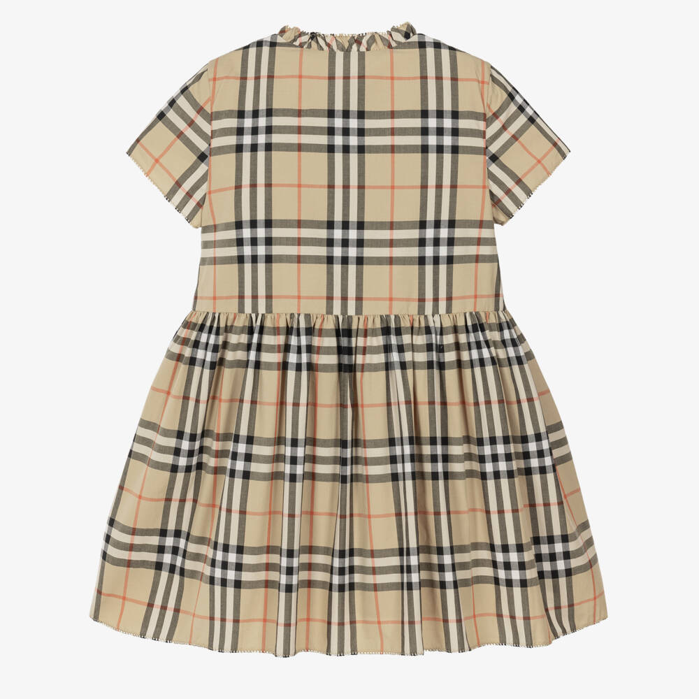 Burberry-Girls Shirred Beige Check Cotton Shirt Dress | Childrensalon